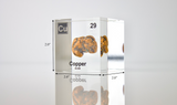 Clear acrylic cube showcasing dimensions of copper element, including its name, atomic number 29, and properties as featured on the periodic table. Ideal for educational displays and collectors. 