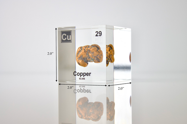 Clear acrylic cube showcasing dimensions of copper element, including its name, atomic number 29, and properties as featured on the periodic table. Ideal for educational displays and collectors. 