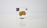 Clear acrylic cube showcasing copper element, including its name, atomic number 29, and properties as featured on the periodic table. Ideal for educational displays and collectors. 