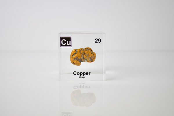 Clear acrylic cube showcasing copper element, including its name, atomic number 29, and properties as featured on the periodic table. Ideal for educational displays and collectors. 