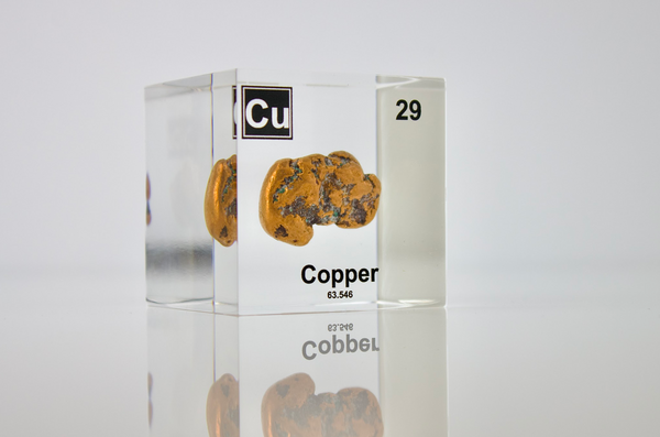 Clear acrylic cube showcasing copper element, including its name, atomic number 29, and properties as featured on the periodic table. Ideal for educational displays and collectors. 