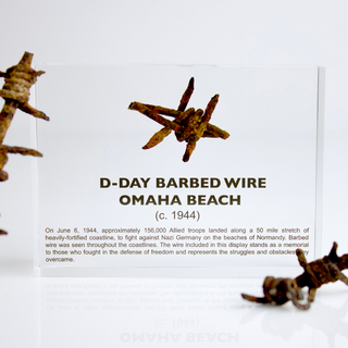 Clear acrylic display case featuring a historical fragment of D-Day barbed wire, offering an educational presentation for collectors and those interested in World War II history.