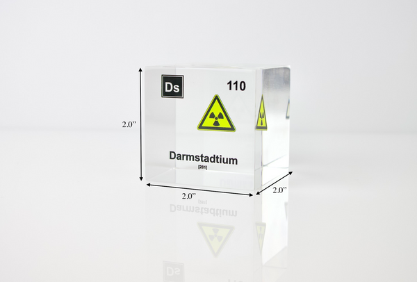 Clear acrylic cube displaying a Darmstadtium element (Atomic Number 110) embedded within, offering a scientific presentation for collectors and science enthusiasts.