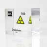 Clear acrylic cube displaying a Dubnium element (Atomic Number 105) embedded within, offering a scientific presentation for collectors and science enthusiasts.