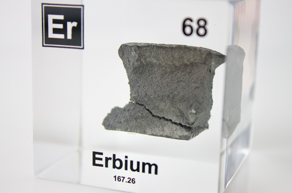 Clear acrylic cube displaying an Erbium element (Atomic Number 68) embedded within, offering a scientific presentation for collectors and science enthusiasts.