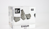 Clear acrylic cube displaying an Erbium element (Atomic Number 68) embedded within, offering a scientific presentation for collectors and science enthusiasts.