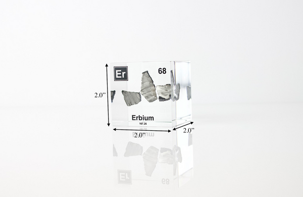 Clear acrylic cube displaying an Erbium element (Atomic Number 68) embedded within, offering a scientific presentation for collectors and science enthusiasts.