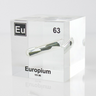 Clear acrylic cube displaying an Europium element (Atomic Number 63) embedded within, offering a scientific presentation for collectors and science enthusiasts.