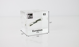 Clear acrylic cube displaying an Europium element (Atomic Number 63) embedded within, offering a scientific presentation for collectors and science enthusiasts.