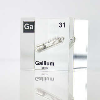 Gallium element encased in a clear acrylic cube, featuring its name, atomic number 31, and properties as displayed on the periodic table. Ideal for educational and collector use.