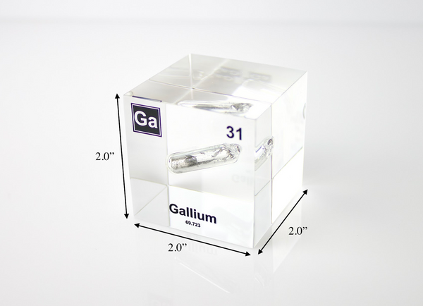 Gallium element encased in a clear acrylic cube, featuring its name, atomic number 31, and properties as displayed on the periodic table. Showing off dimensions. Ideal for educational and collector use.