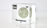 Clear acrylic cube displaying Germanium element with its name, atomic number 32, and periodic table properties. Perfect for educational purposes and collectors.