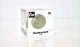 Clear acrylic cube displaying Germanium element with its name, atomic number 32, and periodic table properties. Perfect for educational purposes and collectors.