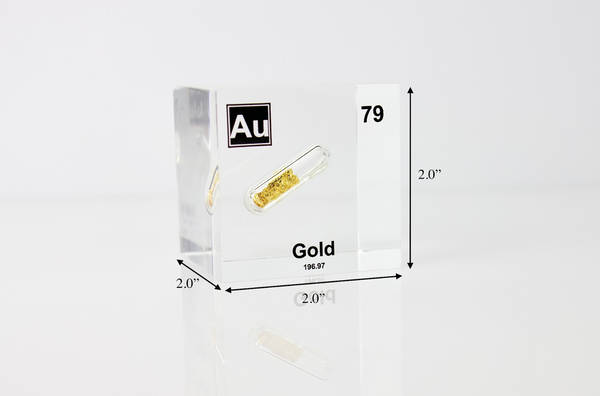 Clear acrylic cube displaying a Gold element (Atomic Number 79) embedded within, offering a scientific presentation for collectors and science enthusiasts.