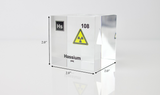 Clear acrylic cube displaying a Hassium element (Atomic Number 108) embedded within, offering a scientific presentation for collectors and science enthusiasts.