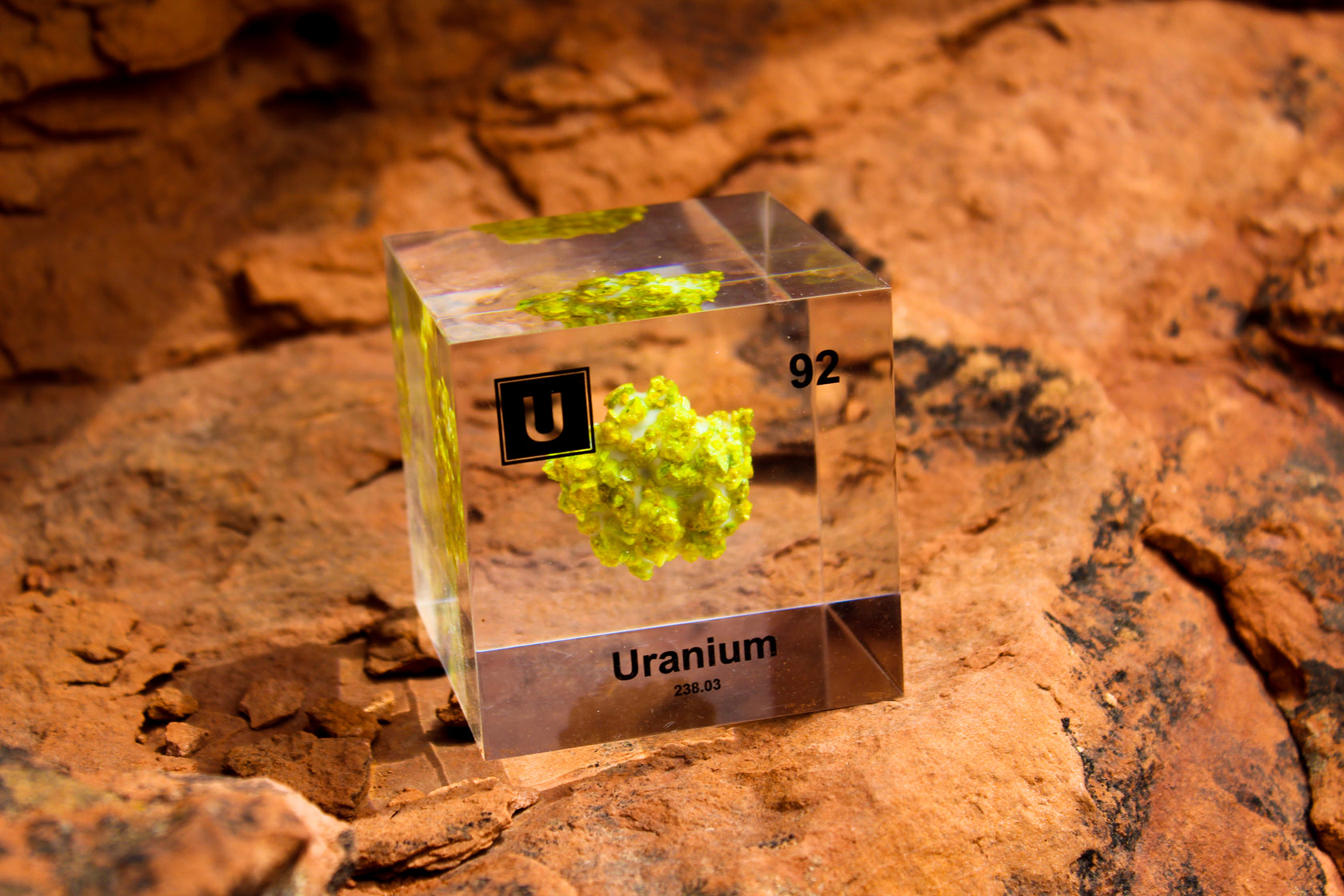 Uranium Element Cube from Engineered Labs. Safely encased in acrylic which blocks harmful radiation and allows for a beautiful display 