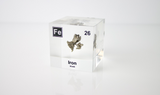 Iron element encased in a clear acrylic cube, featuring its name, atomic number, and key properties from the periodic table. A striking and educational display for science enthusiasts and collectors.