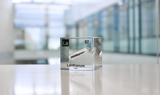 Clear acrylic cube displaying a Lanthanum element (Atomic Number 57) embedded within, offering a scientific presentation for collectors and science enthusiasts.