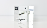 Clear acrylic cube displaying a Lanthanum element (Atomic Number 57) embedded within, offering a scientific presentation for collectors and science enthusiasts.