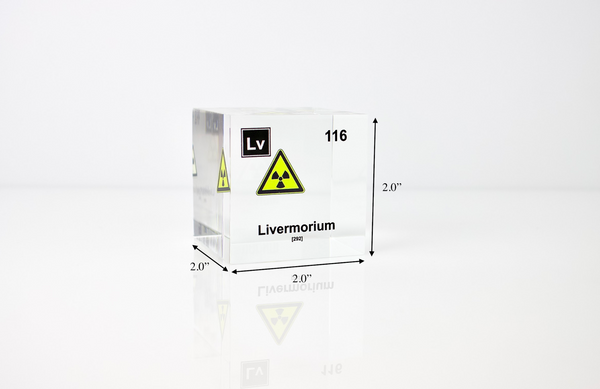 Clear acrylic cube displaying a Livermorium element (Atomic Number 116) embedded within, offering a scientific presentation for collectors and science enthusiasts.