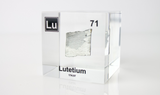 Clear acrylic cube displaying a Lutetium element (Atomic Number 71) embedded within, offering a scientific presentation for collectors and science enthusiasts.