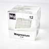 Clear acrylic cube featuring a Magnesium ampule with its atomic number 12. Ideal for educational displays, scientific collections, or as a distinctive decorative item.