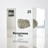 Manganese element in a clear acrylic cube, showcasing its name, atomic number, and properties as displayed on the periodic table. A stylish and informative piece for collectors and educators.