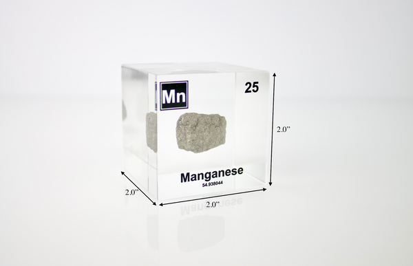 Manganese element in a clear acrylic cube, showcasing its dimensions, name, atomic number, and properties as displayed on the periodic table. A stylish and informative piece for collectors and educators.