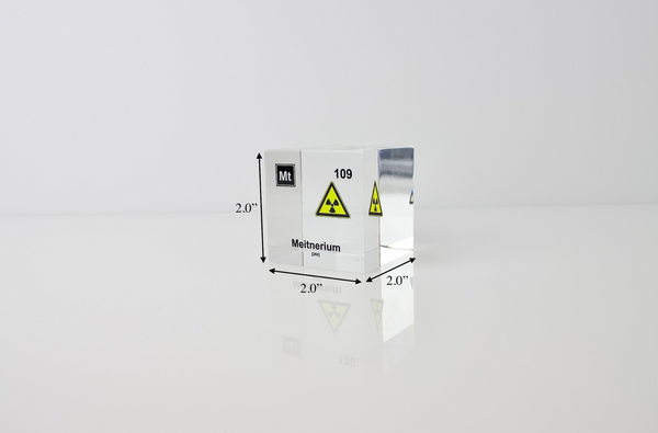 Clear acrylic cube displaying a Meitnerium element (Atomic Number 109) embedded within, offering a scientific presentation for collectors and science enthusiasts.