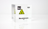 Clear acrylic cube displaying a Mendelevium element (Atomic Number 101) embedded within, offering a scientific presentation for collectors and science enthusiasts.