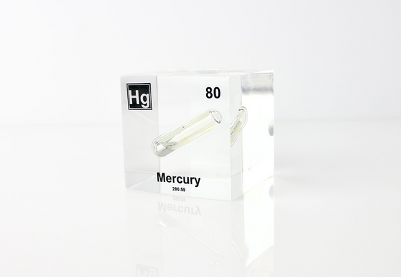 Clear acrylic cube displaying a Mercury element (Atomic Number 80) embedded within, offering a scientific presentation for collectors and science enthusiasts.