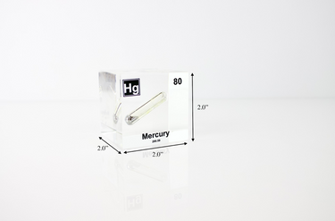 Clear acrylic cube displaying a Mercury element (Atomic Number 80) embedded within, offering a scientific presentation for collectors and science enthusiasts.