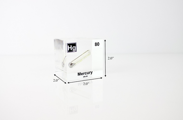 Clear acrylic cube displaying a Mercury element (Atomic Number 80) embedded within, offering a scientific presentation for collectors and science enthusiasts.