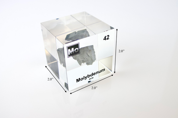 Clear acrylic cube displaying a Molybdenum element (Atomic Number 42) embedded within, offering a scientific presentation for collectors and science enthusiasts.