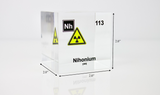 Clear acrylic cube displaying a Nihonium element (Atomic Number 113) embedded within, offering a scientific presentation for collectors and science enthusiasts.