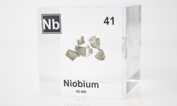 Clear acrylic cube displaying a Niobium element (Atomic Number 41) embedded within, offering a scientific presentation for collectors and science enthusiasts.