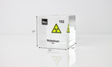 Clear acrylic cube displaying a Nobelium element (Atomic Number 102) embedded within, offering a scientific presentation for collectors and science enthusiasts.