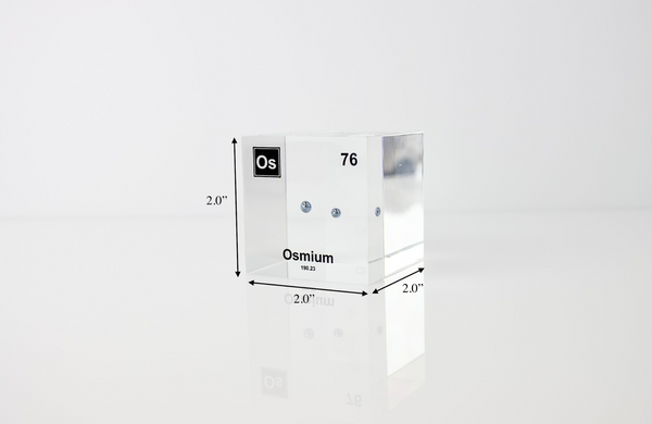 Piece of Osmium encased in a clear acrylic cube, with the element's name, atomic number, and properties displayed as on the periodic table for a sleek, educational display.