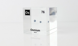 Piece of Osmium encased in a clear acrylic cube, with the element's name, atomic number, and properties displayed as on the periodic table for a sleek, educational display.