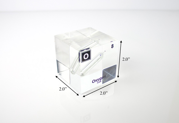 Clear acrylic cube encasing an Oxygen ampule with its atomic number 8. Ideal for display in educational settings, scientific collections, or as a decorative piece.