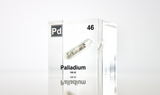 Clear acrylic cube displaying a Palladium element (Atomic Number 46) embedded within, offering a scientific presentation for collectors and science enthusiasts.