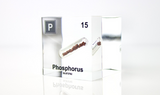 Clear acrylic cube displaying a Phosphorus element (Atomic Number 15) embedded within, offering a scientific presentation for collectors and science enthusiasts.
