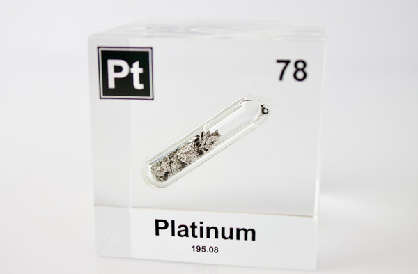 Clear acrylic cube displaying a Platinum element (Atomic Number 78) embedded within, offering a scientific presentation for collectors and science enthusiasts.