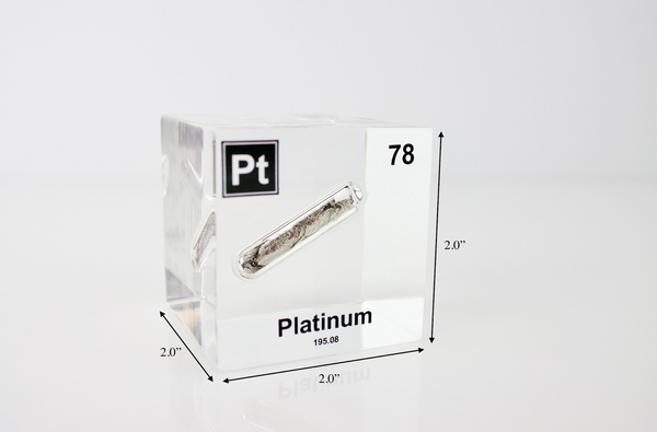 Clear acrylic cube displaying a Platinum element (Atomic Number 78) embedded within, offering a scientific presentation for collectors and science enthusiasts.