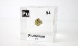 Clear acrylic cube displaying a Plutonium element (Atomic Number 94) embedded within, offering a scientific presentation for collectors and science enthusiasts.