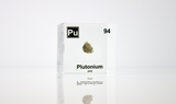 Clear acrylic cube displaying a Plutonium element (Atomic Number 94) embedded within, offering a scientific presentation for collectors and science enthusiasts.