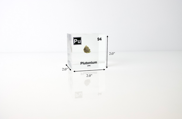 Clear acrylic cube displaying a Plutonium element (Atomic Number 94) embedded within, offering a scientific presentation for collectors and science enthusiasts.