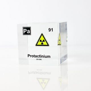 Clear acrylic cube displaying a Protactinium element (Atomic Number 91) embedded within, offering a scientific presentation for collectors and science enthusiasts.
