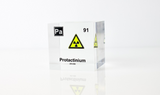 Clear acrylic cube displaying a Protactinium element (Atomic Number 91) embedded within, offering a scientific presentation for collectors and science enthusiasts.