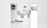 Rhenium element in a clear acrylic cube, featuring its name, atomic number, and properties as shown on the periodic table. A sleek and educational display for collectors and enthusiasts.